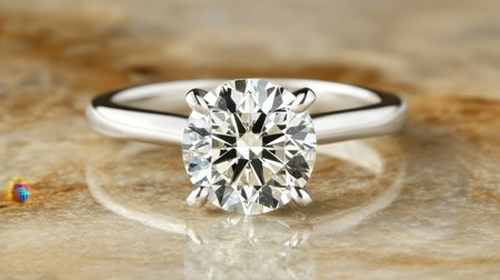 A beautiful solitaire engagement ring featuring a brilliant round diamond on a polished white gold band. The stunning design embodies romance and elegance, perfect for proposals.の素材