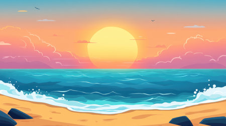 This stunning beach sunset features a vivid sky filled with colorful hues, gentle waves, and a peaceful shoreline, perfect for relaxation and inspiration.の素材