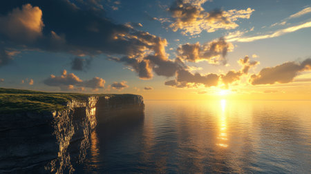 A stunning view of a sunset illuminating calm waters, with rocky cliffs and dramatic clouds. The serene atmosphere invites relaxation and reflection.の素材