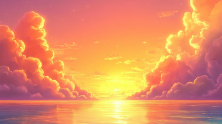 A breathtaking view of a majestic sunset over calm ocean waters, featuring vibrant colors and fluffy clouds. This serene landscape captures the beauty of nature at twilight.の素材