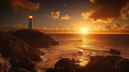 A stunning scene showcasing a lighthouse standing tall on rugged rocks, illuminated by the warm colors of a sunset. The ocean waves gently lap against the shore under a mesmerizing sky filled with clouds and stars, creating a tranquil atmosphere perfect for nature lovers.の素材