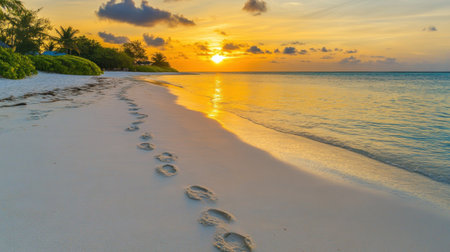 A serene beach scene at sunset featuring footprints in the soft sand, vibrant colors reflecting on the calm ocean, surrounded by lush greenery.の素材