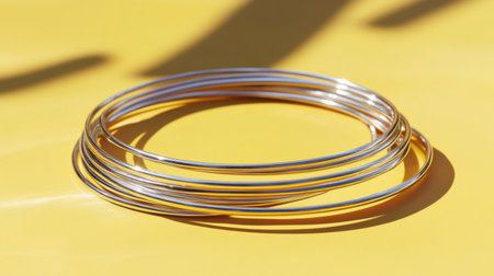 A collection of silvery metal wire loops arranged on a vibrant yellow background, emphasizing simplicity and modern design. Ideal for creative projects.の素材