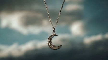 A stunning silver crescent moon pendant hangs gracefully on a necklace, showcasing delicate stars against an enchanting cloudy sky backdrop.の素材