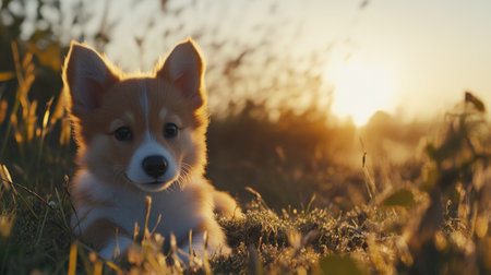 A charming young corgi puppy enjoys a peaceful moment in a sunlit meadow, surrounded by nature's beauty during sunset, radiating warmth and joy.の素材