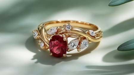This stunning golden ring showcases a vibrant red gemstone at its center, elegantly adorned with sparkling diamonds, capturing a blend of luxury and beauty.の素材