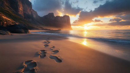A breathtaking view of a tranquil beach at sunset, showcasing soft sand footprints leading to the gentle waves, surrounded by majestic cliffs and a stunning sky.の素材