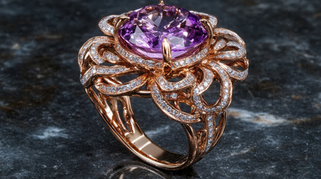Stunning rose gold ring featuring a vibrant purple gemstone elegantly set amidst intricate diamond accents, perfect for fashion enthusiasts and collectors.の素材