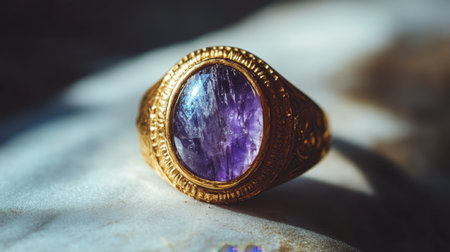 This stunning vintage gold ring features a captivating purple gemstone, beautifully highlighted against a marble surface. Natural light enhances its elegance.の素材