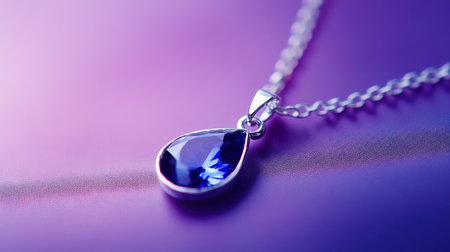 Capture the elegance of this stunning silver necklace featuring a teardrop blue gemstone, illuminated beautifully against a soft gradient purple background.の素材