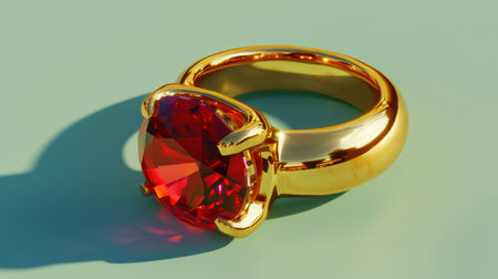 This stunning gold ring features a captivating red gemstone set against a soft blue background. Ideal for jewelry campaigns showcasing elegance and luxury.の素材