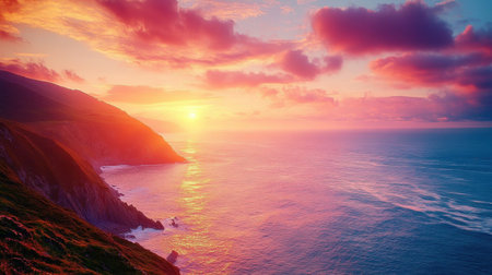 This stunning image captures a vibrant sunset over the ocean, illuminating the rugged coastline with brilliant colors and tranquil waves.の素材