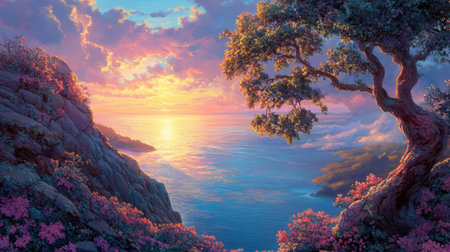 Experience the breathtaking beauty of a sunset over a tranquil ocean, framed by lush vegetation and rugged cliffs, creating a captivating natural scene.の素材