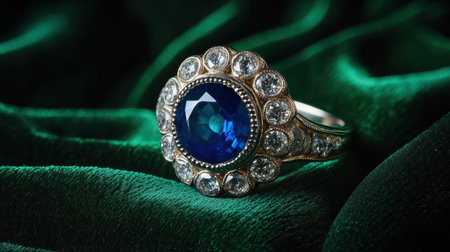 A breathtaking vintage sapphire ring showcases a large blue gemstone surrounded by sparkling diamonds, set against an elegant green velvet backdrop.の素材