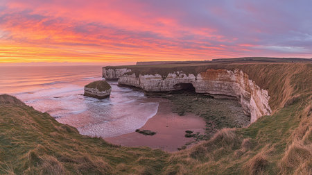 A stunning panoramic view of a sunset over coastal cliffs, revealing a tranquil beach scene with vibrant colors and serene waves lapping at the shore.の素材