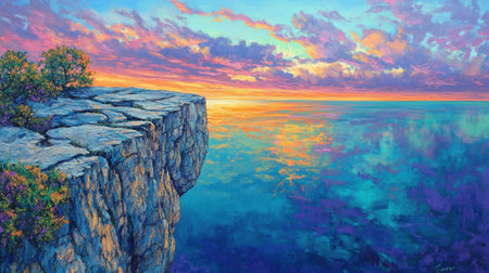 A stunning sunset casts a vibrant array of colors over tranquil waters, as rocky cliffs stand majestically against the serene landscape. Bright hues fill the sky, reflecting on the calm ocean surface, creating a peaceful atmosphere.の素材