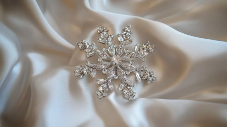 A stunning silver snowflake brooch rests elegantly on a soft satin fabric, showcasing intricate design and sparkling details, ideal for winter fashion.の素材