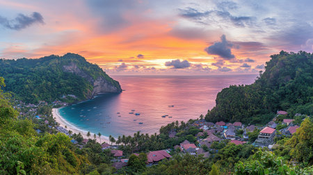 A breathtaking view of a tropical beach at sunset, showcasing vibrant colors over the turquoise waters and lush green hills surrounding a charming coastal village.の素材