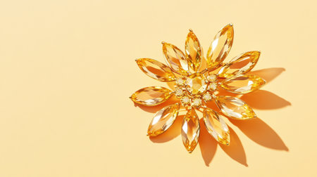 A stunning yellow gem brooch designed in a floral shape, showcasing intricate details and a radiant shine, set against a soft yellow backdrop.の素材