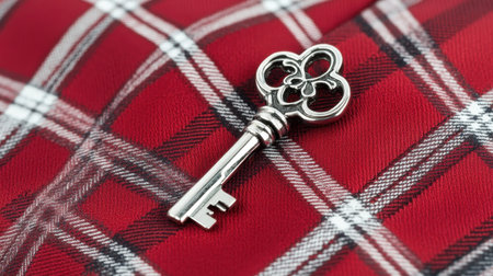 A vintage silver key rests elegantly on a rich red plaid fabric, showcasing intricate details and a classic design, perfect for home decor inspiration.の素材