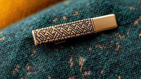 This stunning image features a gold tie clip with a detailed pattern, elegantly placed on rich green fabric, highlighting sophisticated fashion accessories.の素材