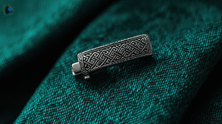 This captivating image showcases an elegant silver lighter adorned with intricate patterns, set against a lush green fabric, ideal for displaying luxury accessories.の素材