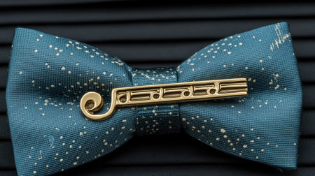 This elegant blue bow tie features a gold music note pin, perfect for musicians and music lovers seeking a stylish accessory for formal events.の素材
