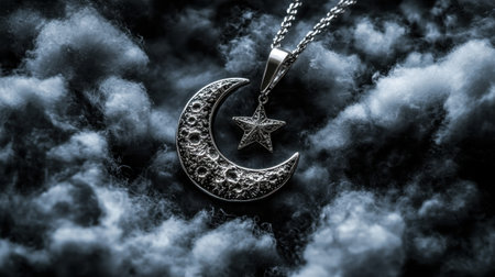 This striking image features a silvery crescent moon pendant adorned with a star charm, set against a dark, cloudy background, evoking a mystical atmosphere.の素材