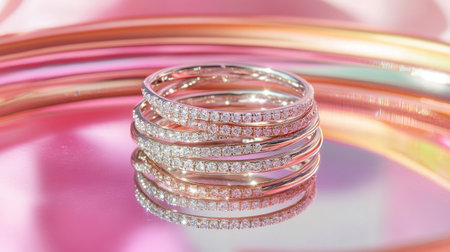This image showcases a stunning collection of elegant silver rings adorned with sparkling diamonds. The rings rest on a reflective surface, creating a beautiful interplay of light, complemented by a soft pink background, perfect for showcasing luxury jewelry.の素材