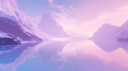 A breathtaking image of a serene frozen landscape with majestic mountains reflecting in calm waters at sunset, showcasing nature's pure beauty and tranquility.の素材