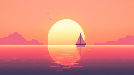 This pixel art illustration captures a serene sunset over calm waters, featuring a sailboat and distant mountains. Perfect for relaxation and tranquility.の素材