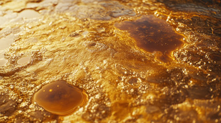 Captivating close-up image of a golden liquid surface, featuring bubbles and soft reflections. Ideal for projects focusing on nature, tranquility, and beauty.の素材