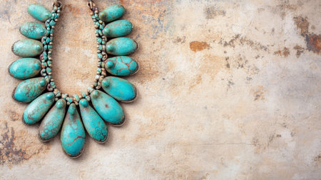 This stunning turquoise necklace showcases artisan craftsmanship and vibrant stones, set against a beautifully textured background, perfect for adding elegance.の素材