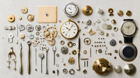 An organized arrangement of watchmaking components and tools displayed on a neutral surface, showcasing intricate details of timepiece craftsmanship.の素材