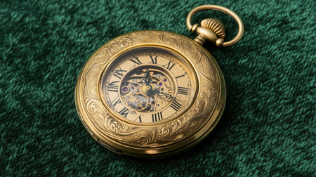 This vintage pocket watch showcases intricate craftsmanship with exposed gears and an ornate gold exterior, elegantly placed on a rich green felt backdrop.の素材