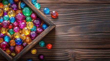 A stunning display of colorful decorative gems rests in a rustic wooden box against a weathered wooden background, creating a vibrant and inviting aesthetic.の素材