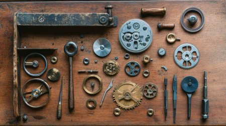 A flat lay image featuring an assortment of vintage mechanic tools and gears spread out on a wooden workbench, showcasing craftsmanship and industrial design.の素材