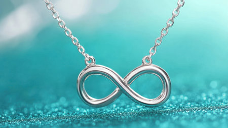 This elegant silver infinity necklace showcases a beautiful pendant against a shimmering blue background, perfect for adding charm to any outfit or gift.の素材