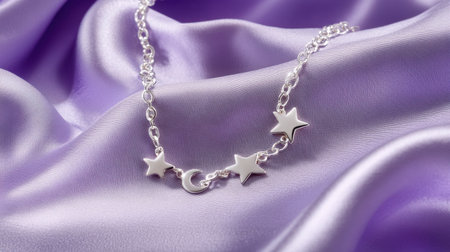 A beautiful silver necklace featuring stars and a moon, elegantly displayed on soft purple satin. Perfect for fashion lovers or unique gifts.の素材