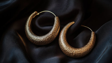These exquisite gold hoop earrings showcase intricate craftsmanship and elegant design, set against a backdrop of luxurious black silk fabric, perfect for fashion imagery.の素材