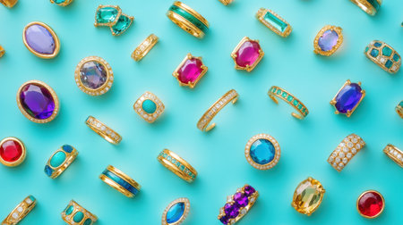 Captivating visual of a stunning assortment of luxury rings adorned with colorful gemstones against a bright blue background, enhancing elegance and style.の素材