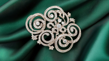 This captivating vintage brooch features intricate swirls adorned with sparkling gemstones, elegantly resting on a lush green silk fabric. Perfect for highlighting elegance.の素材