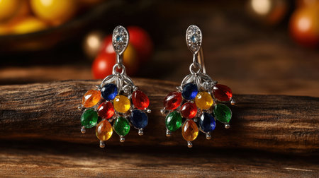 A stunning pair of colorful gemstone earrings crafted in silver, set against a rustic wooden background, highlighting their beauty and elegance in jewelry.の素材