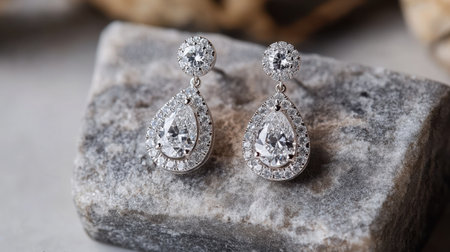 A stunning pair of silver teardrop earrings featuring sparkling crystals, elegantly displayed on a natural stone background for a refined and luxurious look.の素材