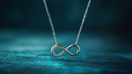 A stunning close-up of an elegant silver infinity necklace adorned with sparkling diamonds, beautifully captured against a soft blue background, symbolizing eternal love and lasting connections, making it the perfect gift for any occasion.の素材