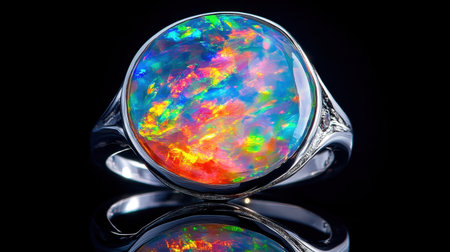 This stunning opal ring showcases a vibrant gemstone featuring a mesmerizing play of colors. The sleek silver setting enhances its beauty, perfect for elegance.の素材