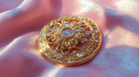 This stunning gold decorative pendant features an intricate design adorned with sparkling jewels, perfectly displayed against a soft pink fabric.の素材