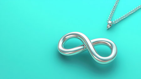 This image showcases a beautiful sterling silver infinity necklace resting on a smooth aqua background, highlighting its elegant design and shiny surface.の素材
