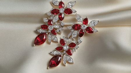 This image showcases a pair of elegant earrings featuring a stunning floral design with red gemstones and sparkling diamonds, displayed on soft satin fabric.の素材