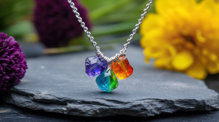 A stunning closeup of a colorful gemstone necklace resting on slate stone, surrounded by vibrant flowers, capturing the essence of artistic jewelry design.の素材